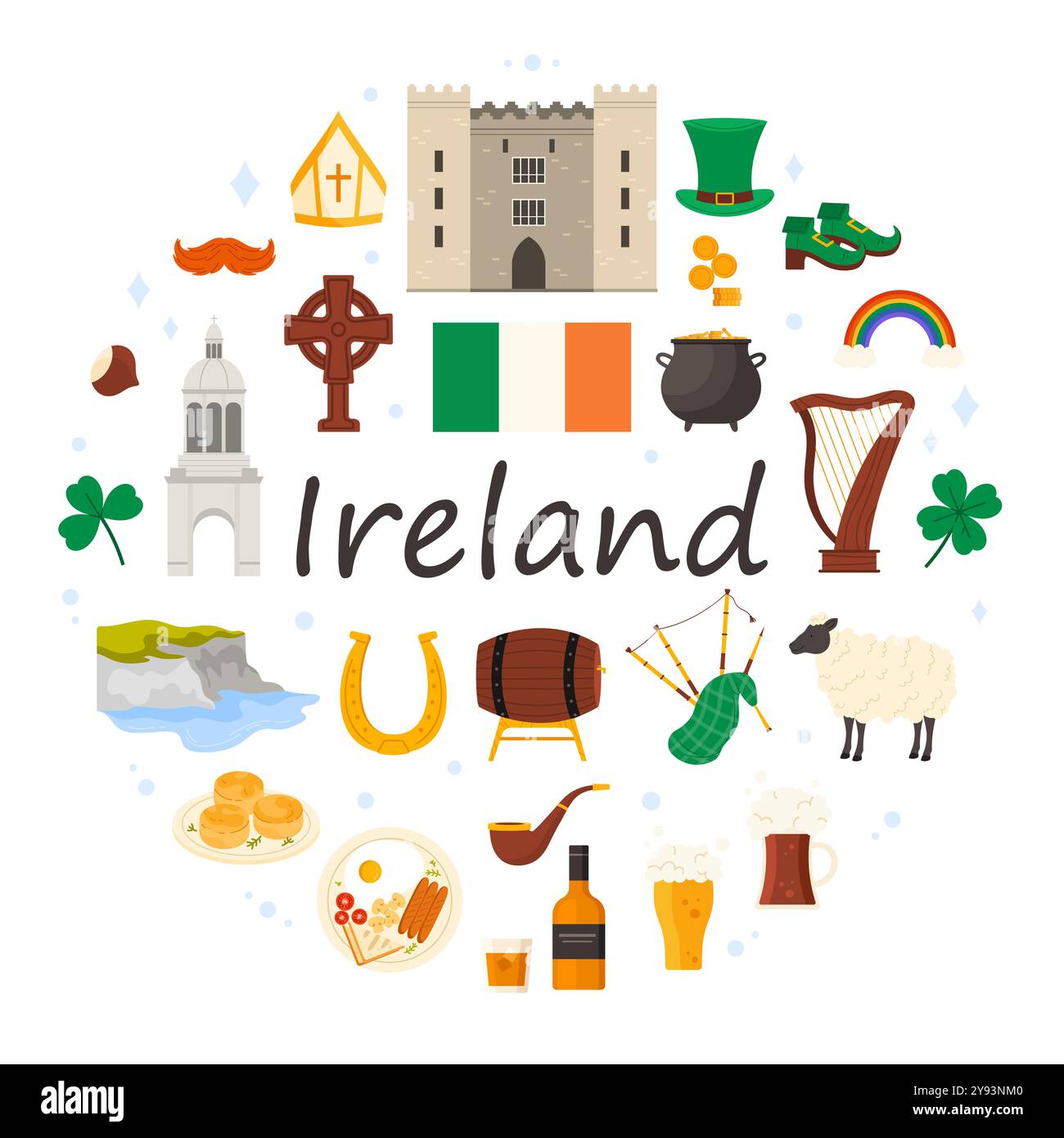 Voyagez en Irlande, culture et monuments, gastronomie et St Patrick Day dans une bannière infographique ronde. Éléments de vacances irlandais et drapeau, paysage et whisky falaises de Moher, illustration vectorielle de dessin animé de bière Illustration de Vecteur