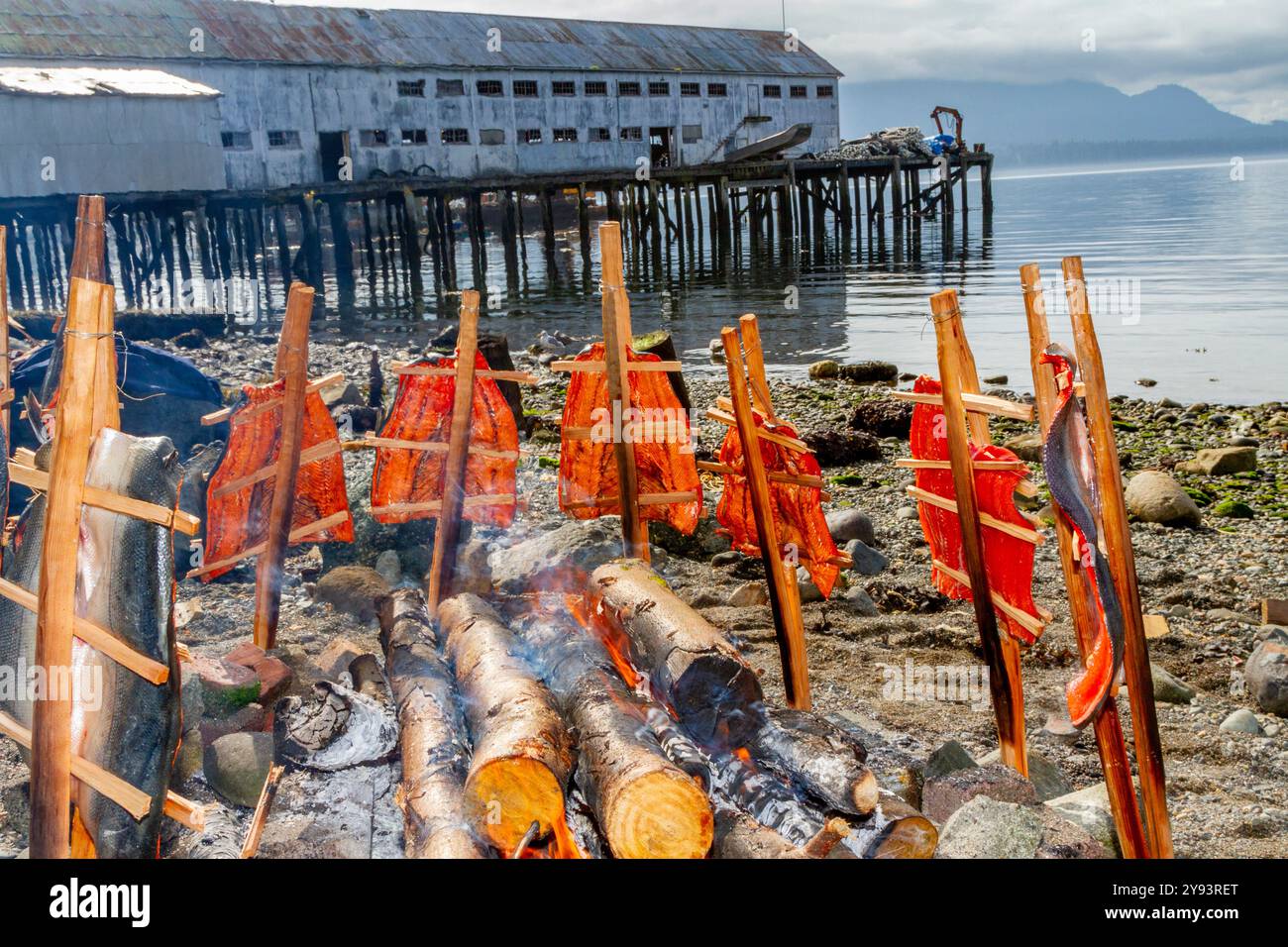 Fumage de saumon au-dessus d'un feu d'aulne par les Kwakwaka'wakw des Premières Nations à Alert Bay, Colombie-Britannique, Canada, Amérique du Nord Banque D'Images