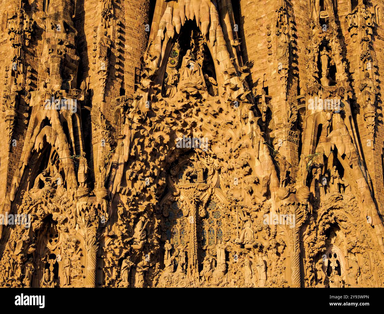 Basilique de la Sagrada Familia au lever du soleil, vue détaillée, Patrimoine mondial de l'UNESCO, Barcelone, Catalogne, Espagne, Europe Banque D'Images