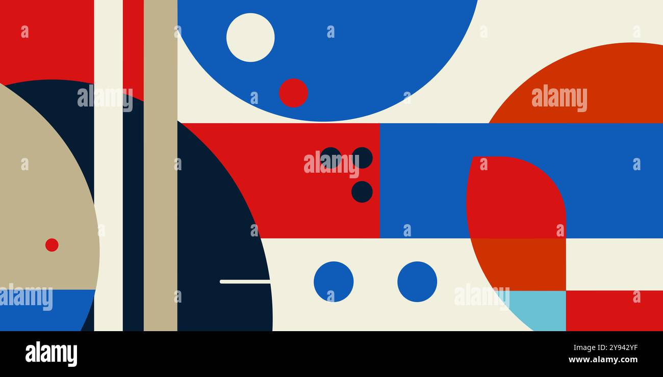 Une composition saisissante présente des formes géométriques audacieuses en rouge, bleu et beige, reflétant une interprétation moderne des éléments architecturaux brutalistes Banque D'Images