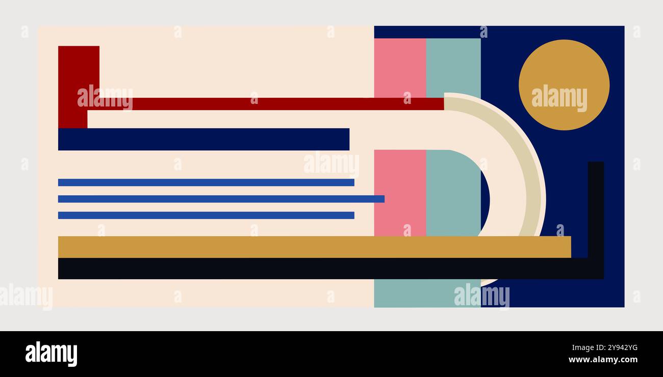 La composition présente une variété de formes géométriques et de lignes, reflétant un style brutaliste unique utilisant des couleurs et des motifs contrastés dans un stri Banque D'Images