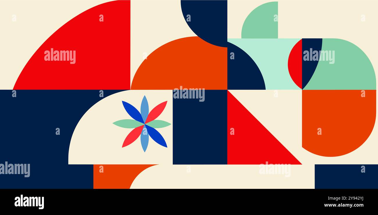 Cette œuvre d'art présente une composition de formes géométriques vibrantes et de motifs, reflétant des éléments de design brutaliste avec un flair artistique moderne. Banque D'Images