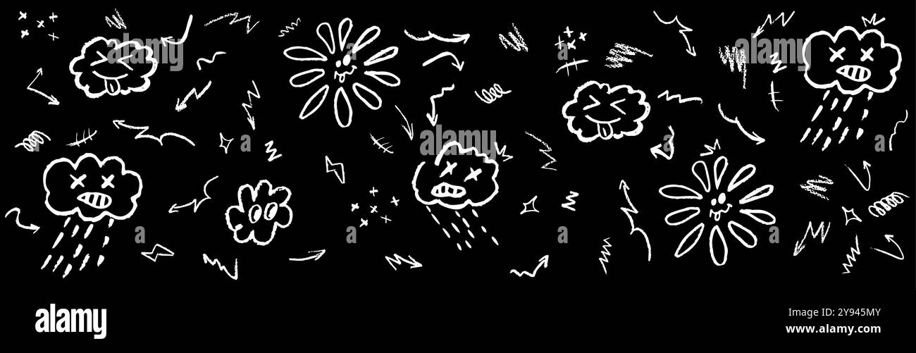 Motif monochrome avec crayon de cire dessinant un nuage pluvieux, un nuage de langue de bâton et une fleur et un soleil drôles. Enfants dessinant des cris, des flèches, des étoiles Illustration de Vecteur