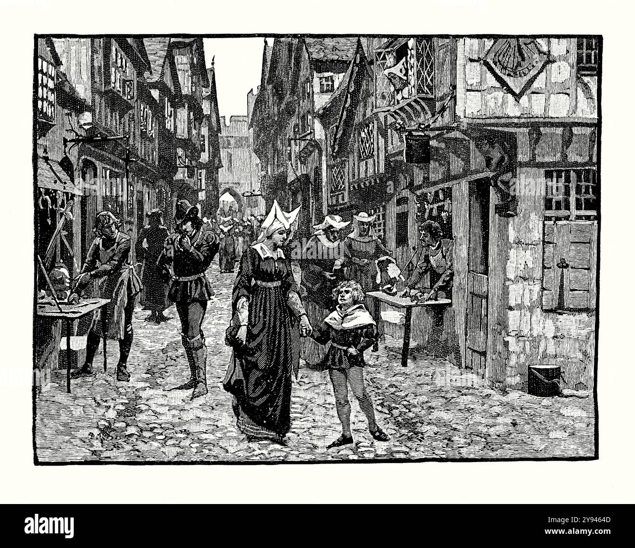Une vieille gravure d'une rue typique de Londres, Angleterre, Royaume-Uni vers 1500. Il est tiré d'un livre d'histoire victorienne de c.1900. Au XIVe siècle, Londres était le principal centre commercial de l’Angleterre. Ici, les marchands vendent des marchandises par l'avant de leurs habitations. Des panneaux au-dessus de ces magasins indiquent ce qui était vendu. Londres était un important centre de fabrication, dans de petits ateliers autour de la ville. Seuls les hommes libres étaient autorisés à être détaillants. Au XIVe siècle, les membres de chaque métier ont commencé à porter un uniforme ou une «livrée» et les guildes commerciales étaient connues sous le nom de «compagnies de livrée». Banque D'Images