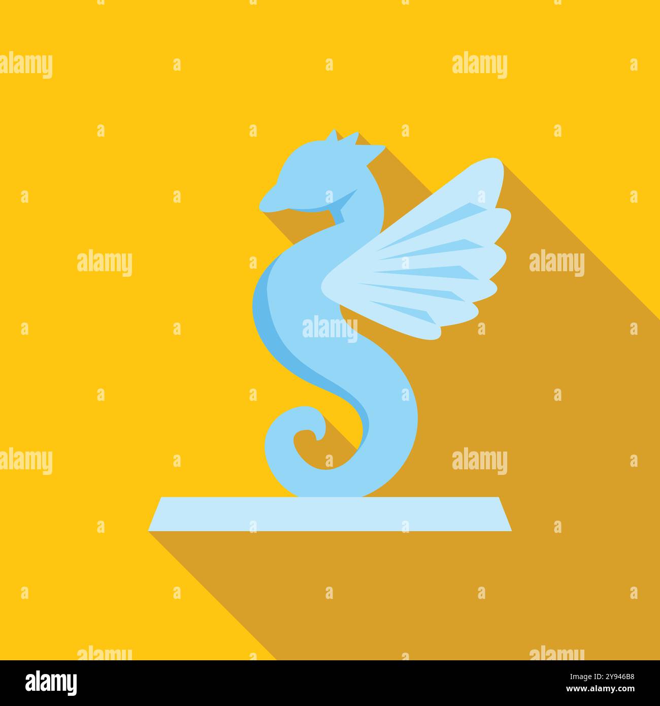 Hippocampe bleu avec des ailes debout sur un piédestal sur fond jaune dans un style design plat Illustration de Vecteur