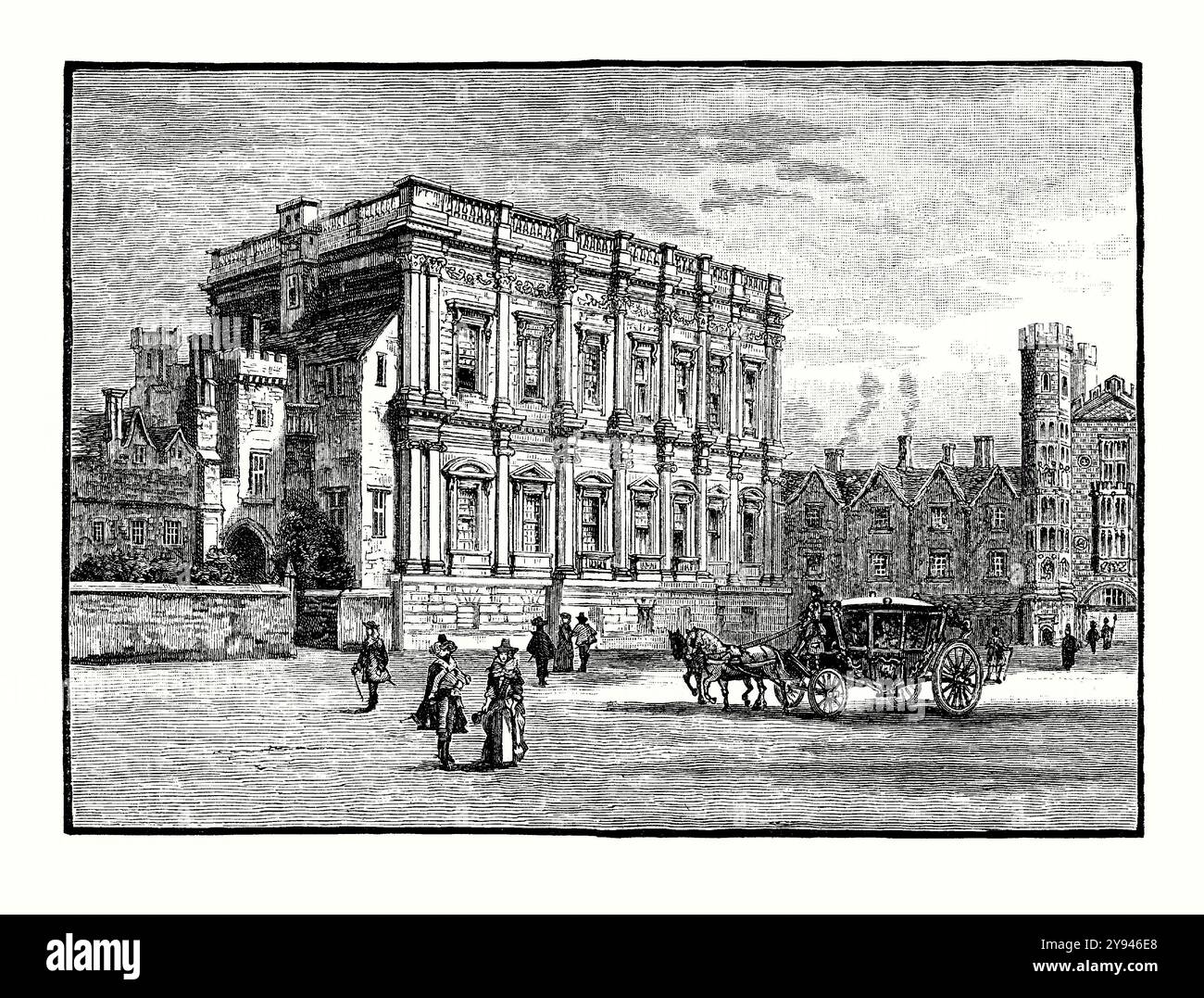 Une ancienne gravure de la Banqueting House, Whitehall, Westminster, Londres, Angleterre, UK c.1700. Il est tiré d'un livre d'histoire victorienne de c.1900. La Banqueting House est un lieu grandiose, construit pour divertir élaboré. Il s'agit de la seule grande partie du palais de Whitehall, la résidence des monarques anglais. C'était le premier bâtiment à être achevé dans le style classique de l'architecture palladienne qui devait transformer l'architecture anglaise. Commencé en 1619 et conçu par Inigo Jones dans un style influencé par Andrea Palladio, il a été achevé en 1622. Banque D'Images Une ancienne gravure de la Banqueting House, Whitehall, Westminster, Londres, Angleterre, UK c.1700. Il est tiré d'un livre d'histoire victorienne de c.1900. La Banqueting House est un lieu grandiose, construit pour divertir élaboré. Il s'agit de la seule grande partie du palais de Whitehall, la résidence des monarques anglais. C'était le premier bâtiment à être achevé dans le style classique de l'architecture palladienne qui devait transformer l'architecture anglaise. Commencé en 1619 et conçu par Inigo Jones dans un style influencé par Andrea Palladio, il a été achevé en 1622. Banque D'Images