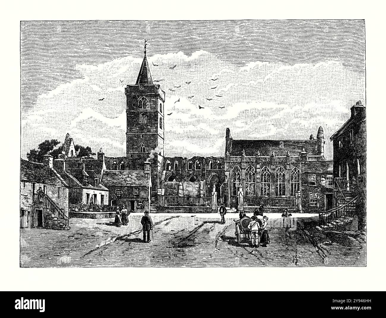 Une vieille gravure de la Croix, Dunblane, Stirling, Falkirk, Écosse, Royaume-Uni en c.1700. Il est tiré d'un livre d'histoire victorienne de c.1900. La cathédrale, avec son toit principalement effondré est le point de repère important vu de la Croix. Dunblane est construit sur les rives de l'Allan Water (ou rivière Allan), un affluent de la rivière Forth. Après la réforme, la nef de la cathédrale a été abandonnée et est devenue sans toit vers 1600. La cathédrale a été restaurée à la fin du XIXe siècle, avec achèvement en 1912. Banque D'Images