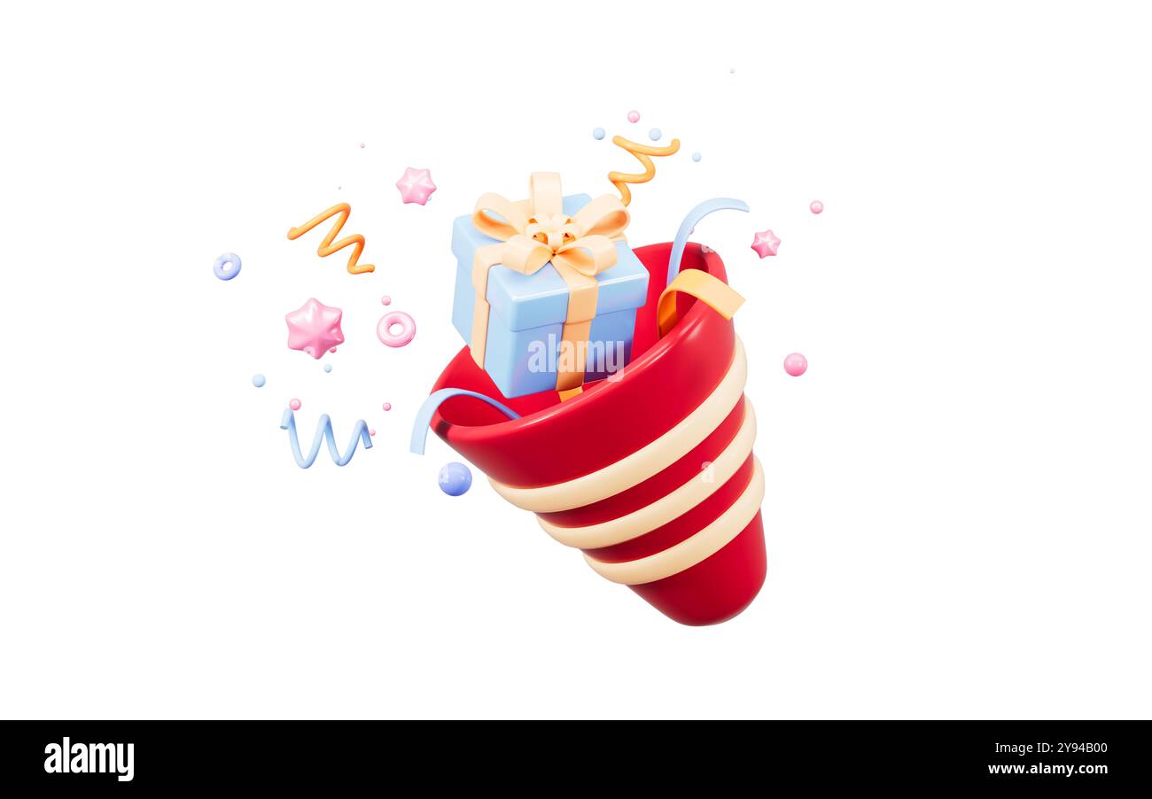 Pétard de dessin animé et rubans avec des confettis d'explosion. Surprise d'anniversaire, fête et célébration d'événement, rendu 3D. illustration 3d. Banque D'Images