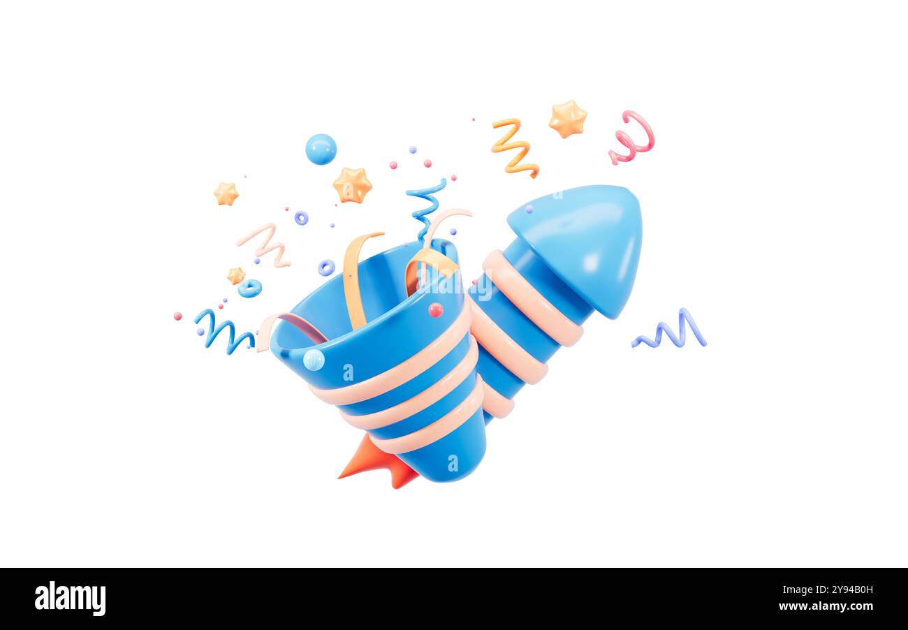 Pétard de dessin animé et fusée avec des confettis d'explosion. Surprise d'anniversaire, fête et célébration d'événement, rendu 3D. illustration 3d. Banque D'Images