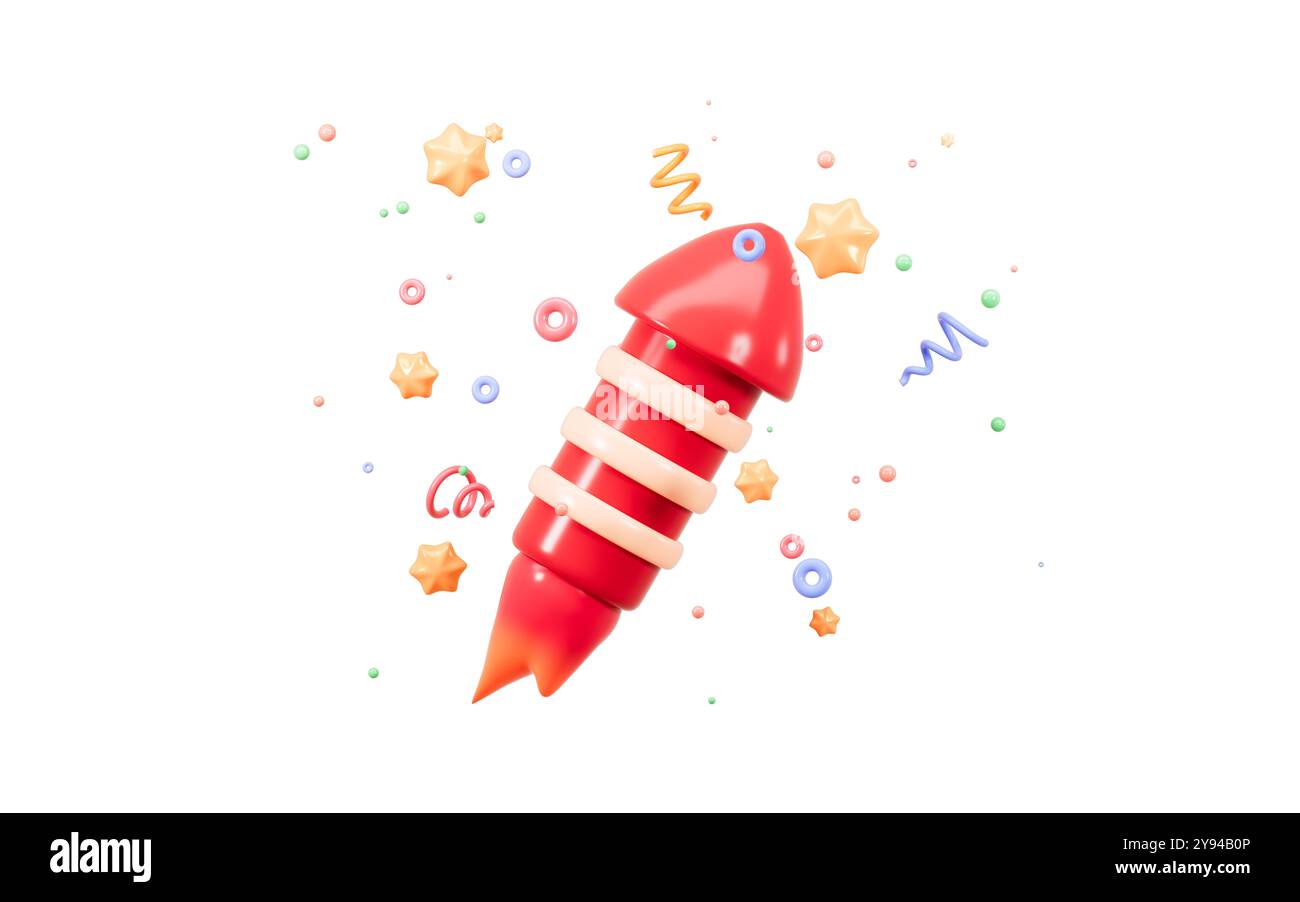 Pétard de dessin animé et fusée avec des confettis d'explosion. Surprise d'anniversaire, fête et célébration d'événement, rendu 3D. illustration 3d. Banque D'Images
