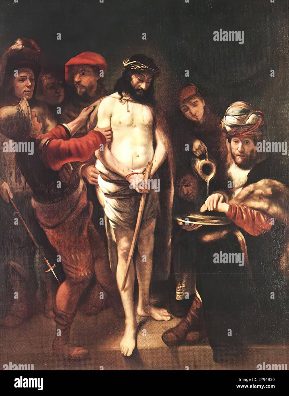 MAES, Nicolaes (né en 1634, Dordrecht, décédé en 1693, Amsterdam) Christ avant Pilate 1649-50 huile sur toile, 216 x 174 cm Musée des Beaux-Arts, Budapest pendant quatre ans, entre 1648 et 1652, Nicolaes Maes, natif de Dordrecht, fut l'un des élèves de Rembrandt ; en effet, il fut l'un de ses élèves les plus distingués. Au début de sa carrière, il suit fidèlement son maître - comme Rembrandt il peint des sujets bibliques, développe une manière intime d'expression et emploie des couleurs chaudes - mais plus tard, se désengageant de l'entourage de Rembrandt, il devient populaire auprès des citoyens de Dord Banque D'Images