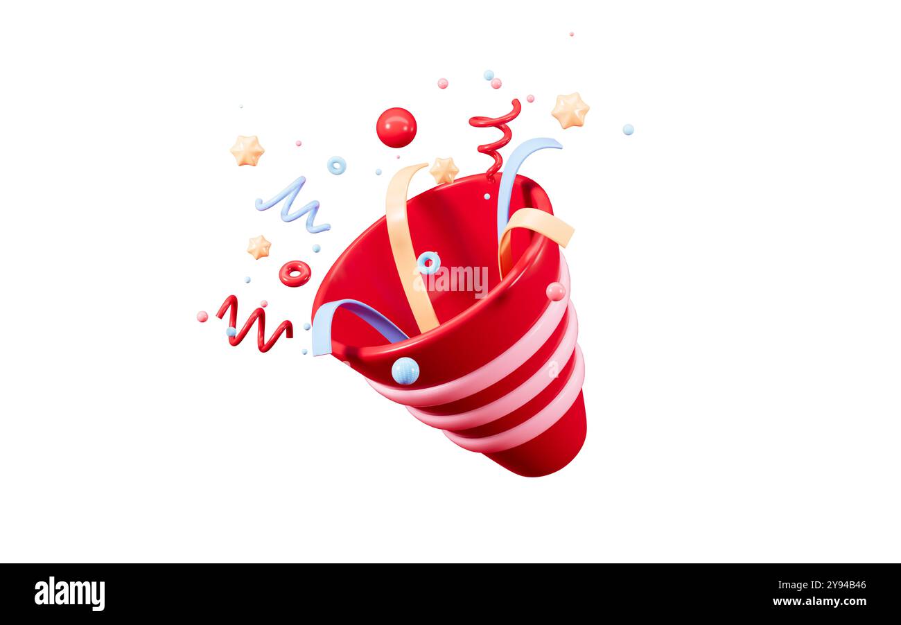 Pétard de dessin animé et rubans avec des confettis d'explosion. Surprise d'anniversaire, fête et célébration d'événement, rendu 3D. illustration 3d. Banque D'Images