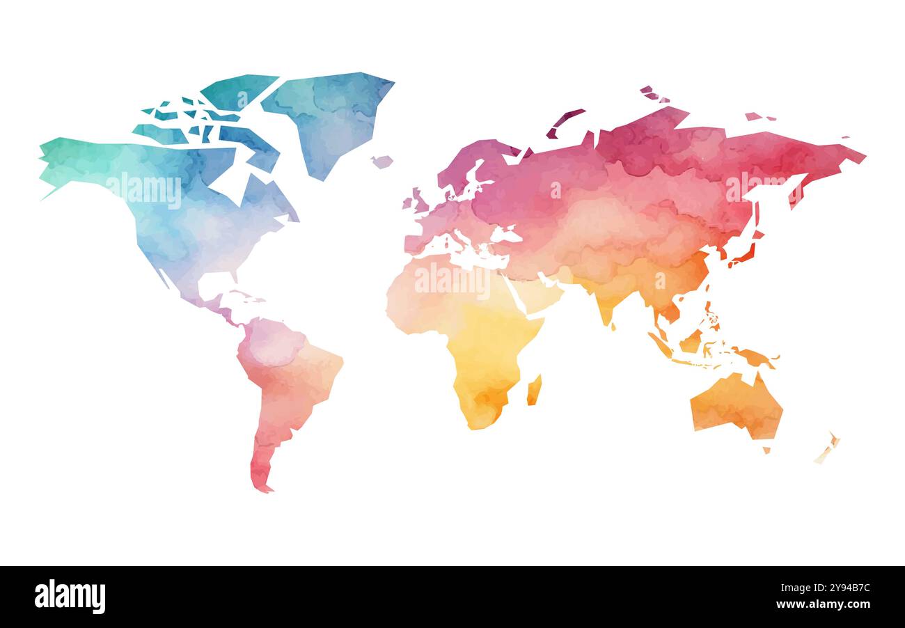 Une carte du monde d'aquarelle vibrante présente un mélange de couleurs douces, mettant en valeur les continents avec des textures artistiques. Parfait pour les projets de conception et le matériel éducatif. Illustration de Vecteur