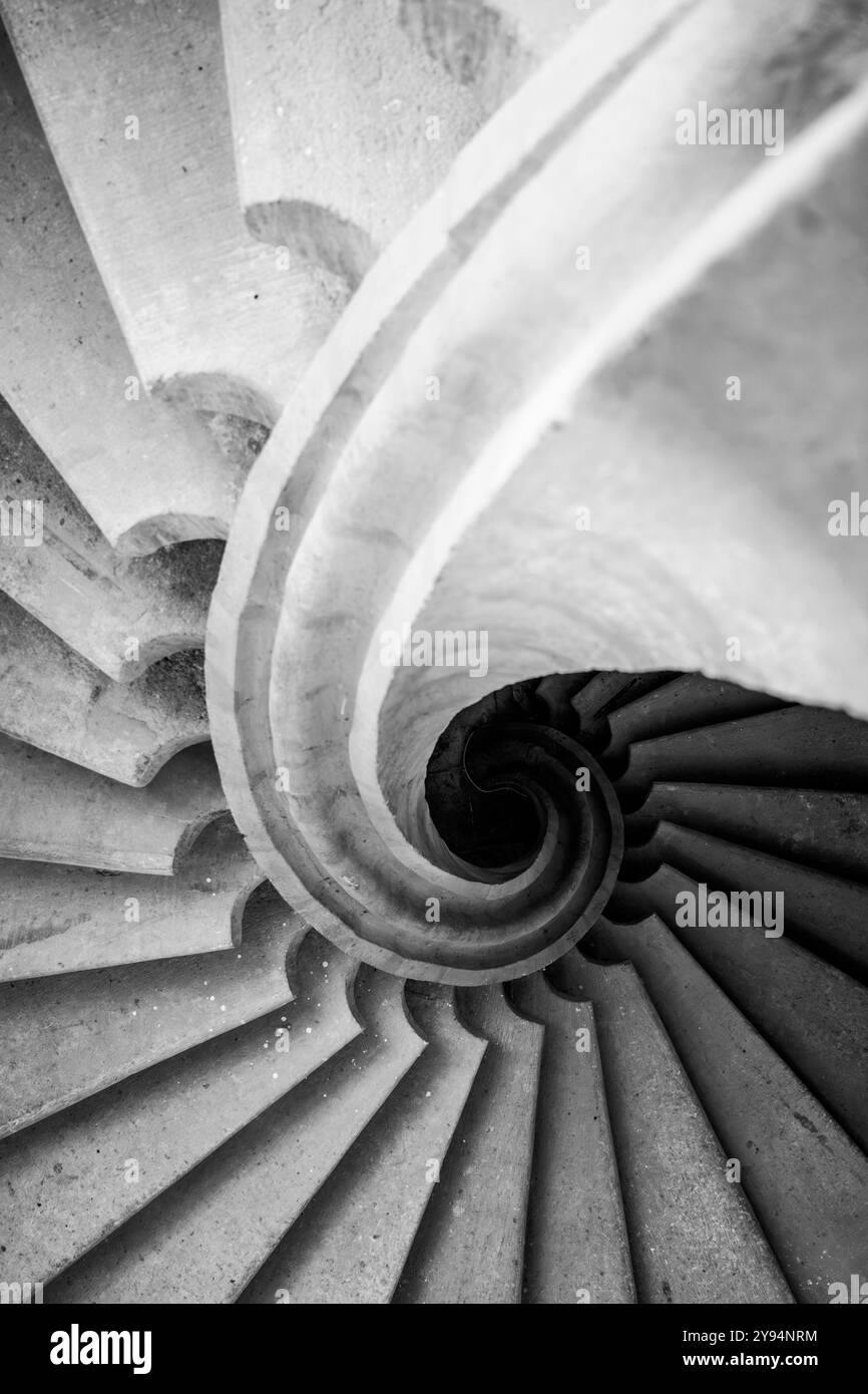 L'escalier hélicoïdal saisissant présente un design fluide, enroulant gracieusement vers le haut avec des marches en béton lisses. Les tons monochromes soulignent son architecture artistique et sa forme. Banque D'Images