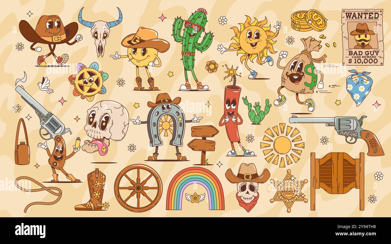Dessins animés Wild West rétro groovy personnages, cow-boy occidental, shérif et voleur, personnages drôles vectoriels. Art hippie des années 70 et personnages groovy funky, crâne, saloon Texas et fusil de cow-boy avec dynamite Illustration de Vecteur