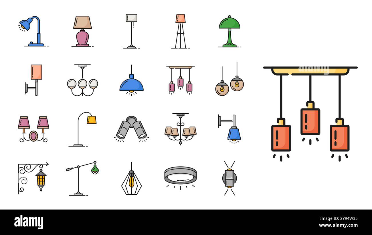 Icônes de ligne de couleur de la lampe. Halogène et lampe de poche, lanterne et lustre, bougie et projecteur, éclairage à la maison vectoriel et éclairage de rue. Lampes de table, murales, de sol et de plafond Illustration de Vecteur