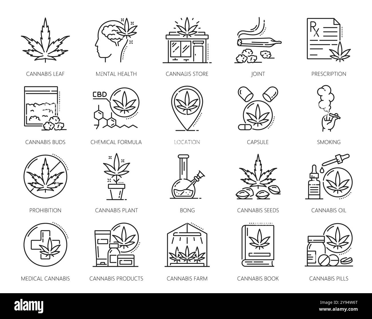 Icônes de ligne de cannabis de CBD et extrait d'herbe de marijuana pour le tabagisme médical, pictogrammes vectoriels. Icônes de ligne de cannabis de feuilles et de bourgeons de marijuana, d'huile de CBD, de bang fumant et de formule chimique cannabinoïde Illustration de Vecteur