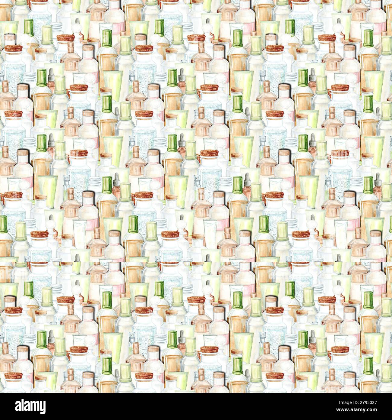 Modèle sans couture de shampooing, parfum, bouteilles de crème. L'illustration est dessinée à la main à l'aquarelle. Convient pour la création de cartes postales, textiles et impression Banque D'Images