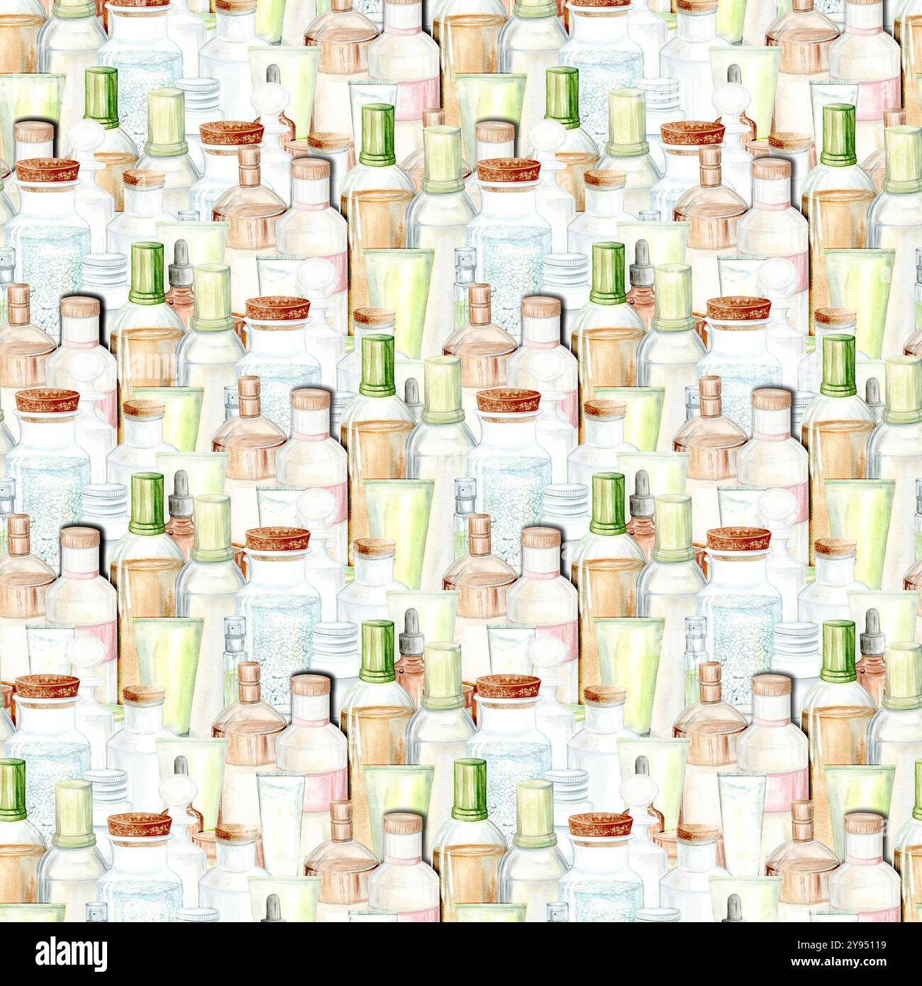 Modèle sans couture de shampooing, parfum, bouteilles de crème. Illustration aquarelle dans des tons chauds jaune-vert. Convient pour la création de cartes de vœux, textiles et impression Banque D'Images