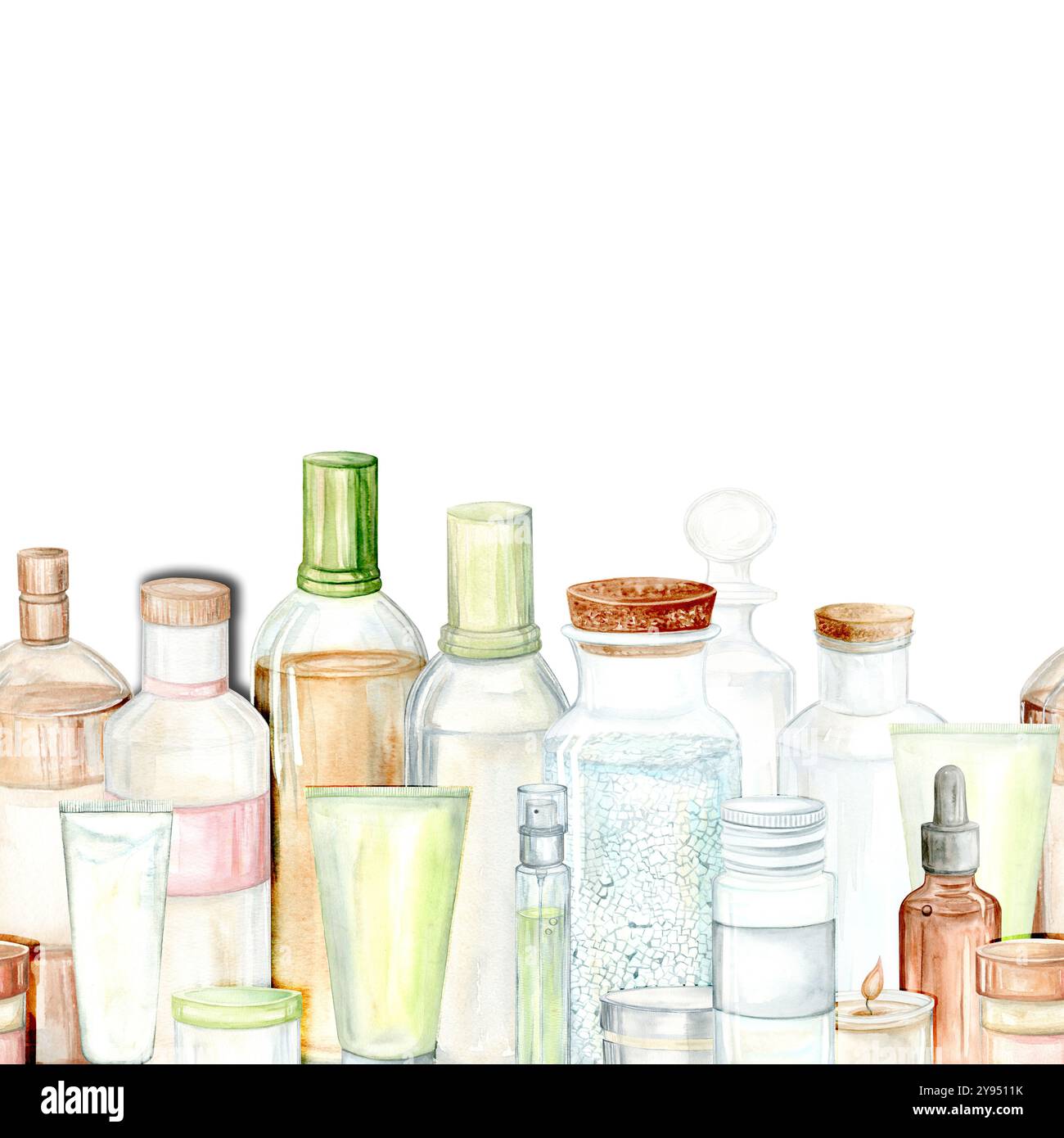 Bordure sans couture de shampooing, parfum, bouteilles de crème. Illustration aquarelle dans des tons chauds jaune-vert. Convient pour la création de cartes de vœux, textiles et impression Banque D'Images
