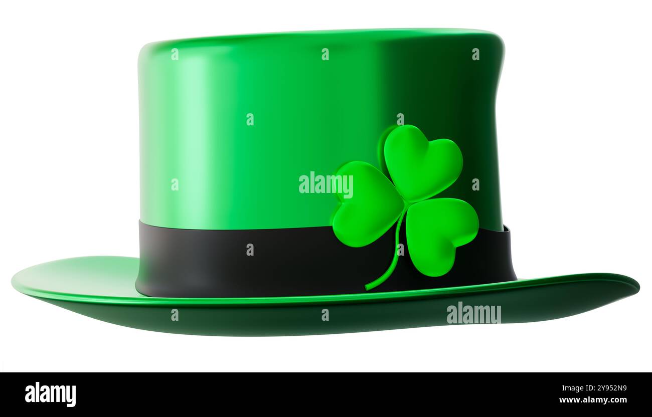 Vert : chapeau de fête de Patrick, orné d'une bande noire et d'un trèfle vert. Isolé sur fond blanc. Le chapeau brillant et festif est un symbole de l'irlandais Banque D'Images