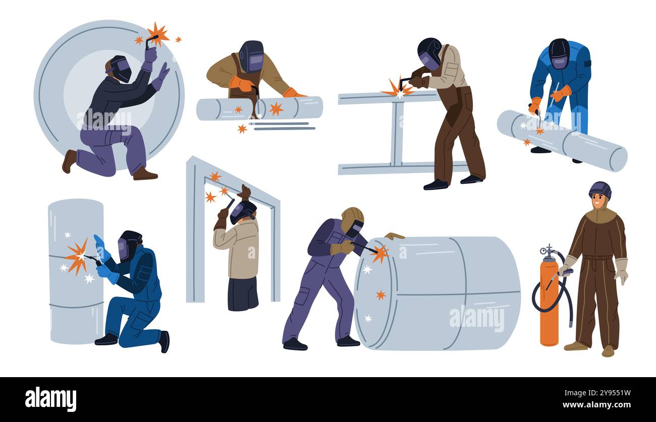 Les personnages de soudeur de bande dessinée fonctionnent. Personnes dans des masques de protection soudant le métal. Uniformes de sécurité. Étincelles et feu. Construction de bâtiments. Les tuyaux en acier se raccordent Illustration de Vecteur