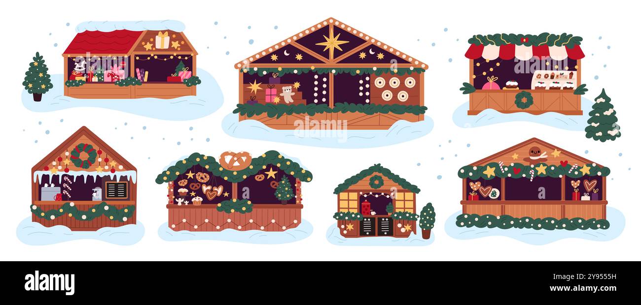 Stands de marché de Noël de dessins animés. Stands de foire des fêtes et magasins. Maisons en bois de Noël avec bonbons souvenirs et décorations. Neige hivernale. Cadeaux vendant k Illustration de Vecteur