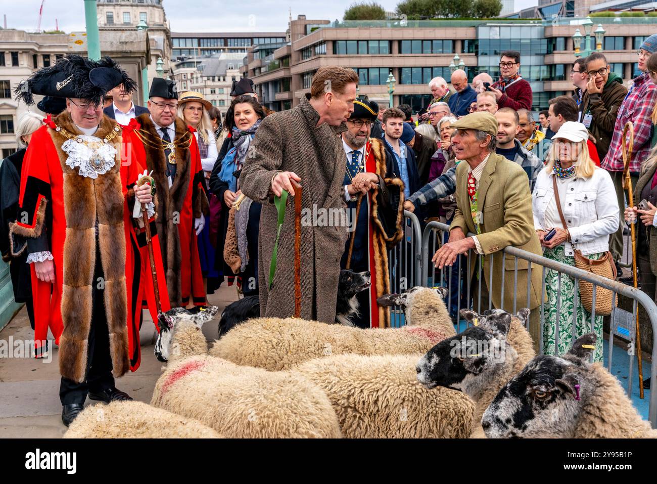 L'acteur hollywoodien Damian Lewis dirige la promenade annuelle des moutons à travers le pont Southwark avec le maire de Londres, Londres, Royaume-Uni. Banque D'Images