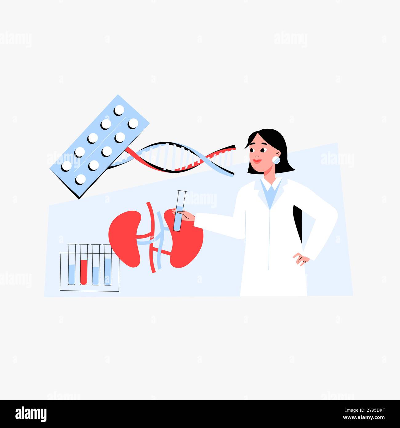 Scientifique féminine avec de l'ADN et des pilules médicales dans l'illustration vectorielle plate symbolisant la recherche médicale, la génétique et l'innovation en soins de santé, isolé sur Illustration de Vecteur