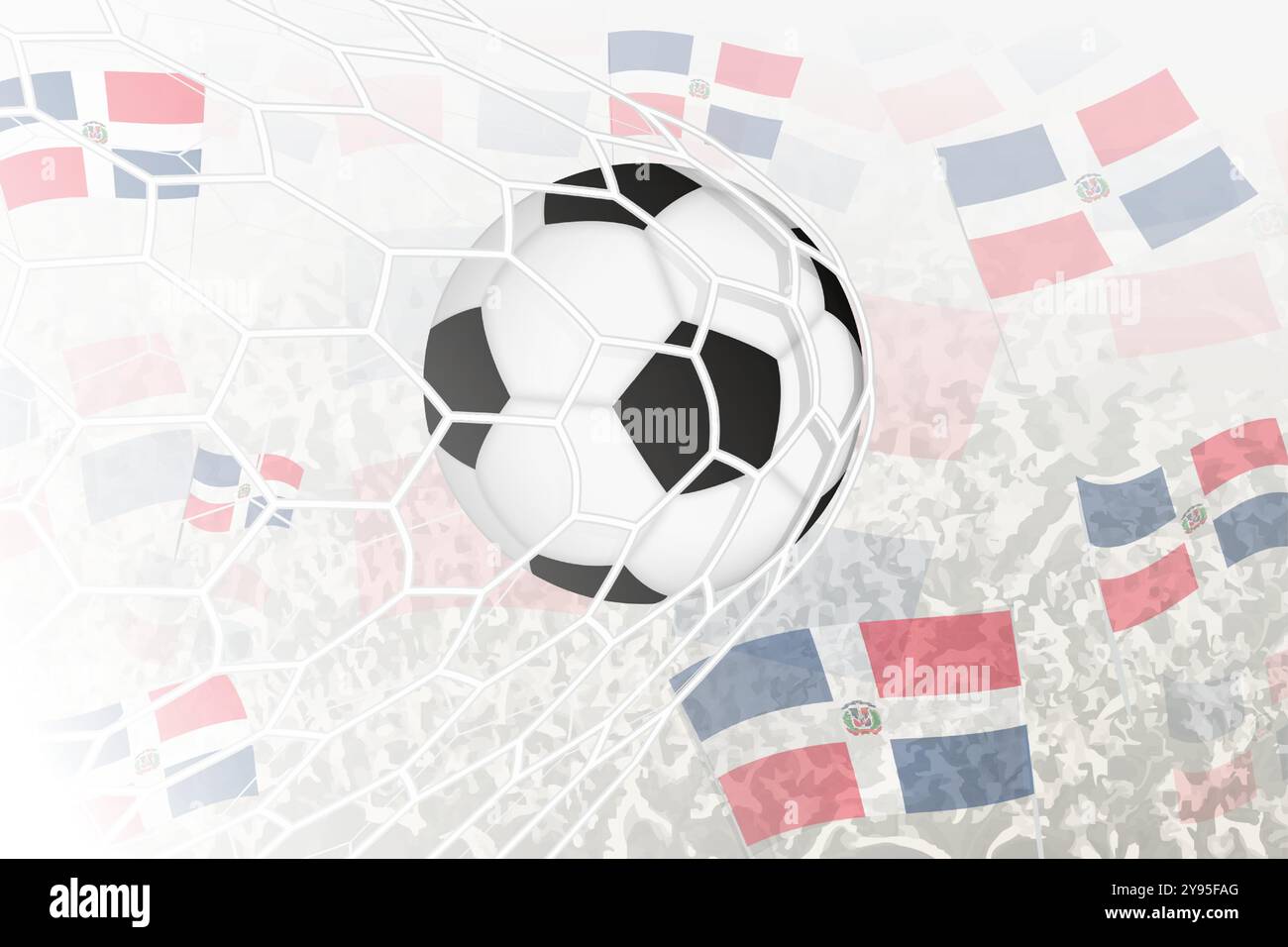 L'équipe nationale de football de la République dominicaine a marqué un but. Balle dans le filet de but, tandis que les supporters de football agitent le drapeau de la République dominicaine dans la BA Illustration de Vecteur