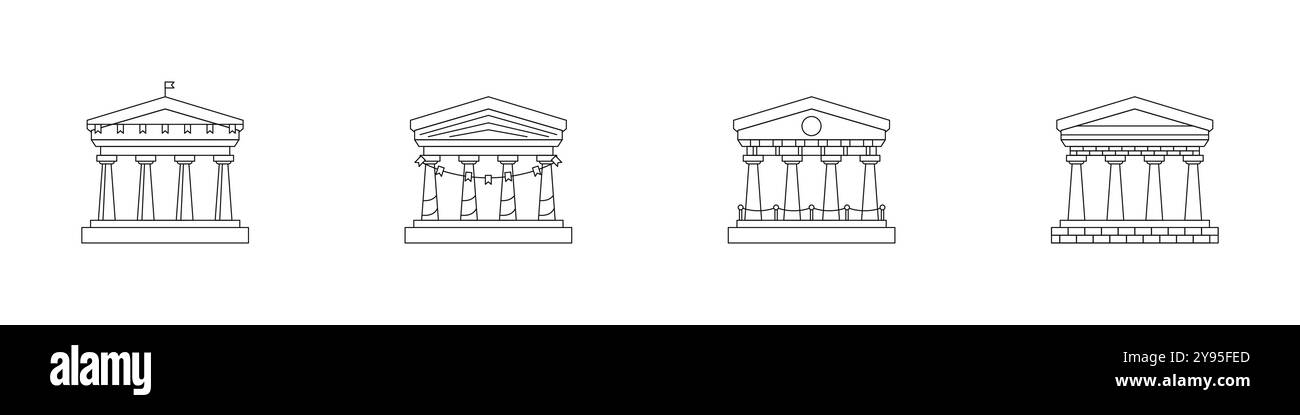 Collection d'icônes de banque. Ensemble linéaire de théâtre. Esquissez les icônes des anciens bâtiments à colonnes. Le bâtiment classique est le Temple d'Artémis d'Éphèse. Illustration de Vecteur