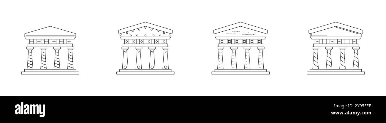 Collection d'icônes de banque. Ensemble linéaire de théâtre. Esquissez les icônes des anciens bâtiments à colonnes. Le bâtiment classique est le Temple d'Artémis d'Éphèse. Illustration de Vecteur