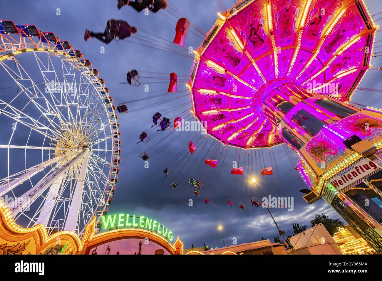 Carrousel à chaînes et grande roue dans la soirée. 177e Cannstatter Volksfest au Cannstatter Wasen. Bad Cannstatt, Stuttgart, Bade-Wuerttemberg, GE Banque D'Images