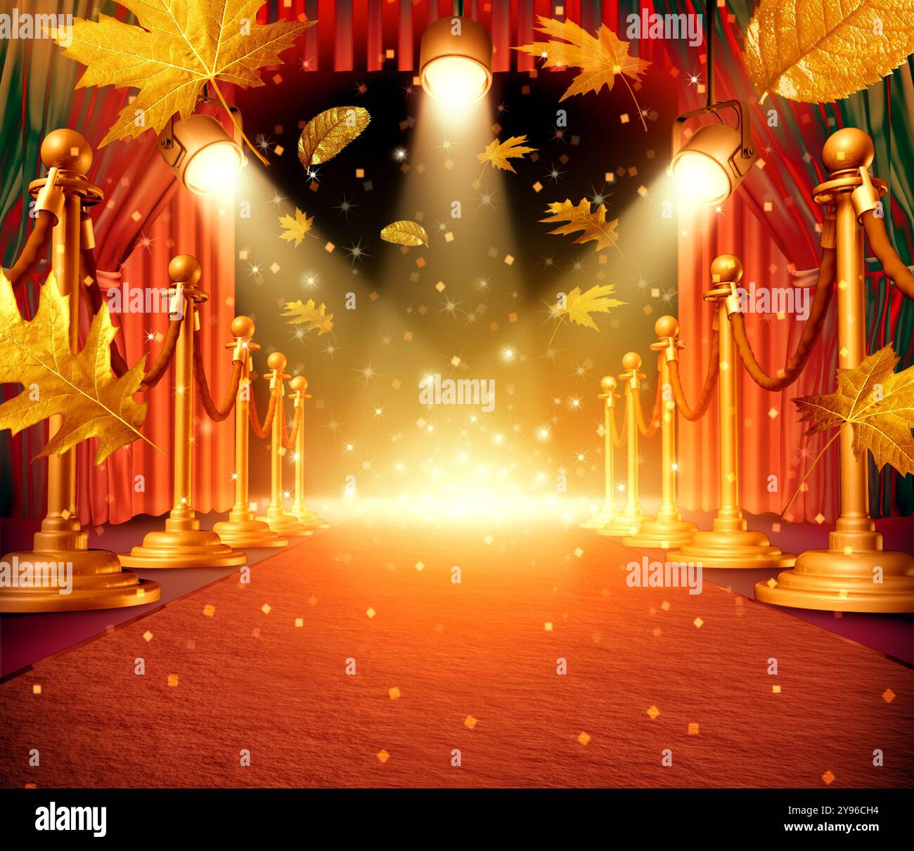 Événement de la saison de Thanksgiving comme projecteur d'automne et fond de fête d'Halloween avec des lumières brillantes orange sur une étape de la saison d'automne pour le marketing avec R Banque D'Images