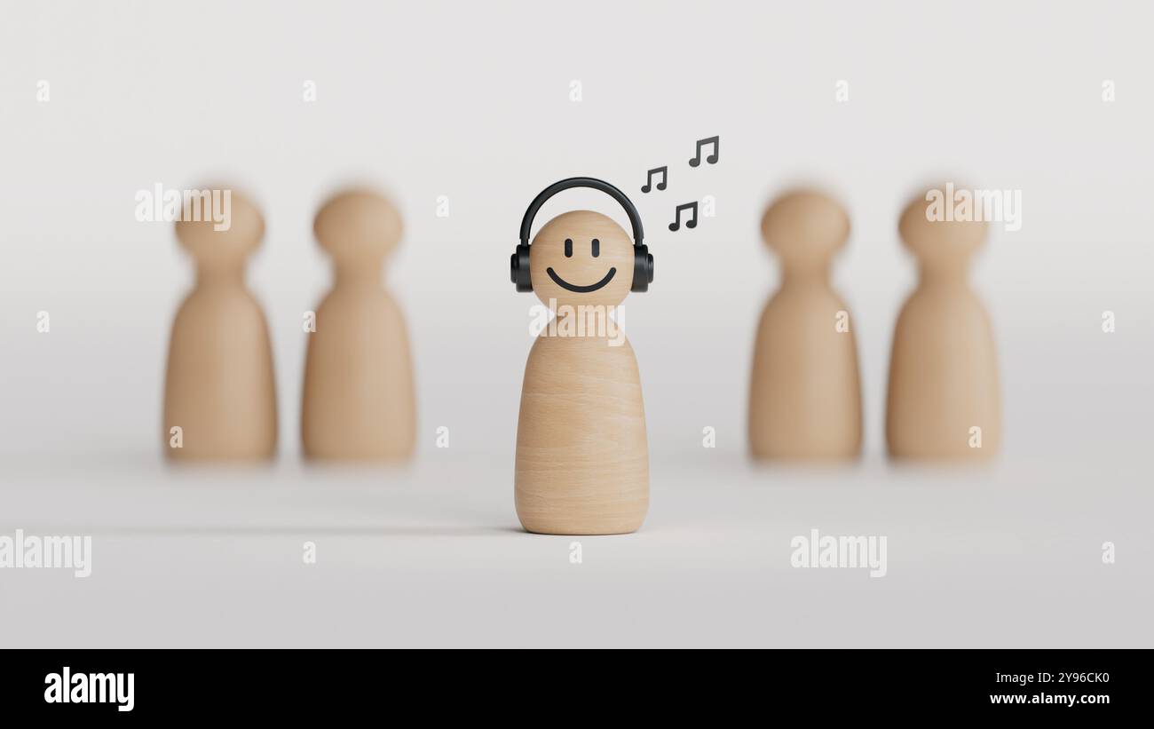 Personne introvertie. Individualité. Unique. Personne qui est heureuse et jouit de solitude, a passé du temps seul. Figure en bois heureux avec écouter de la musique seul parmi m Banque D'Images