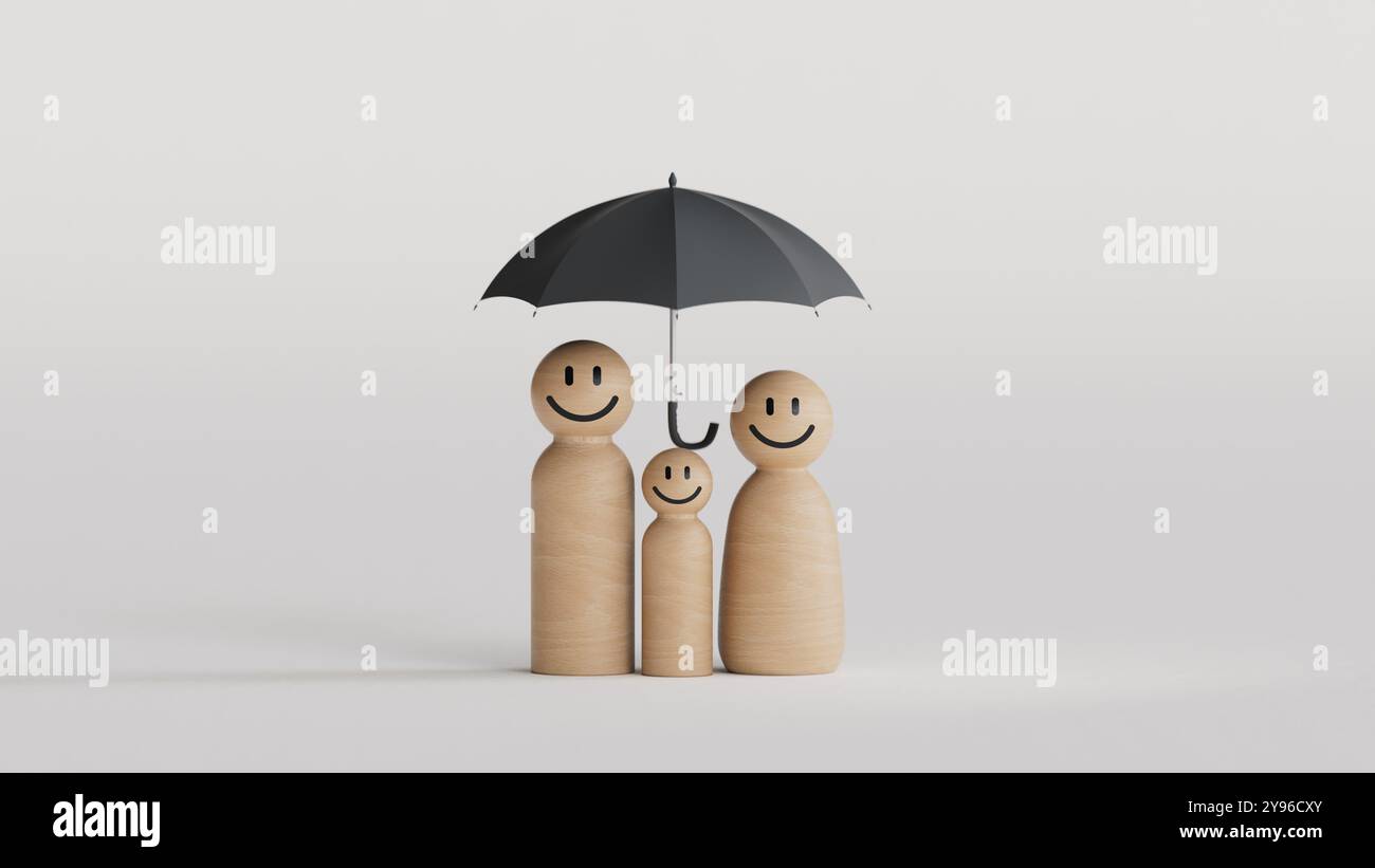 Famille heureuse sous le parapluie sur le modèle de figurine en bois de pluie sur fond de table. Les styles de vie et les relations des gens dans Love concept.3D rende Banque D'Images