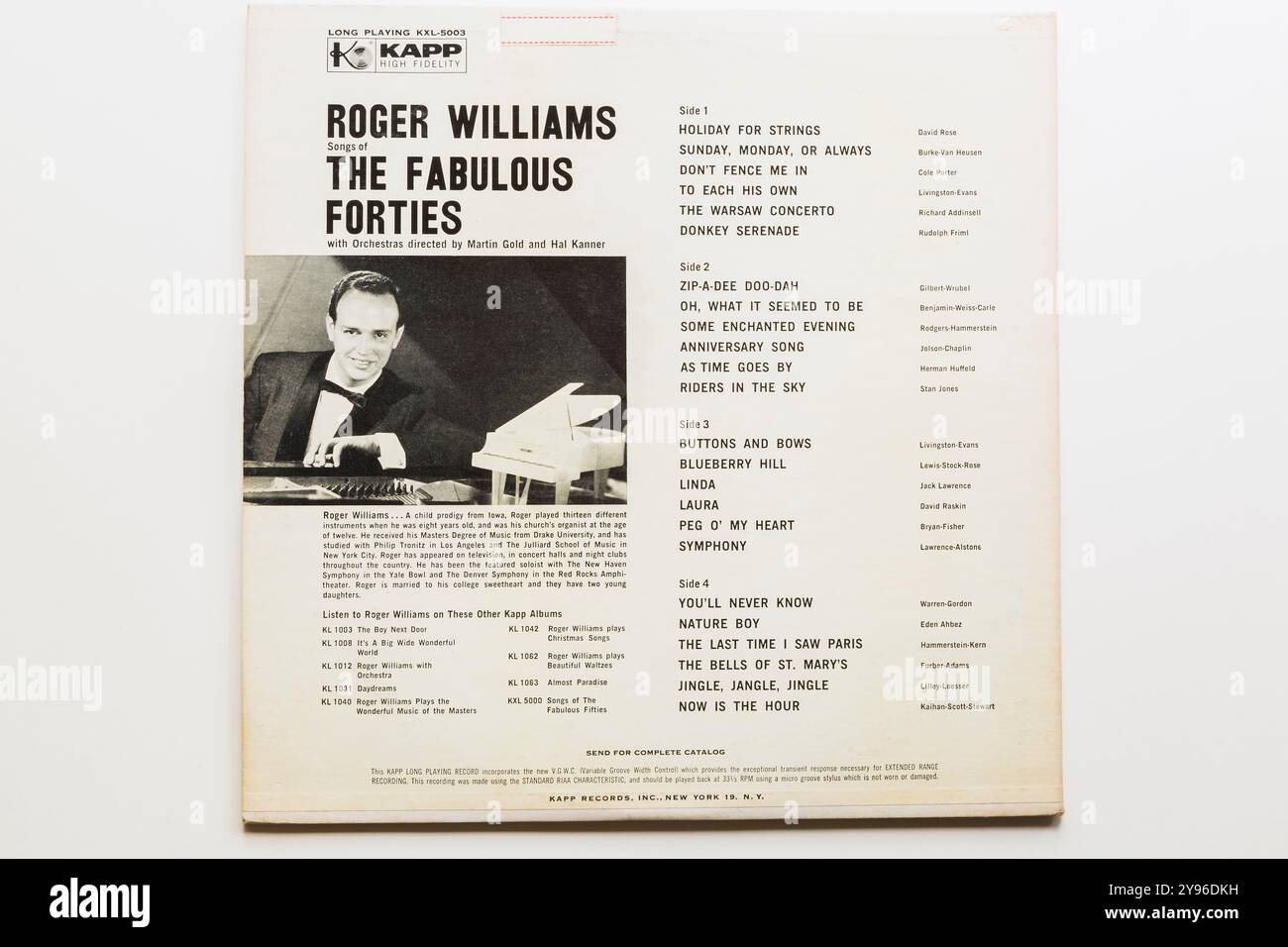 Roger Williams Songs of the Fabulous Forties 33 1/3 rpm long Play album back cover. Banque D'Images