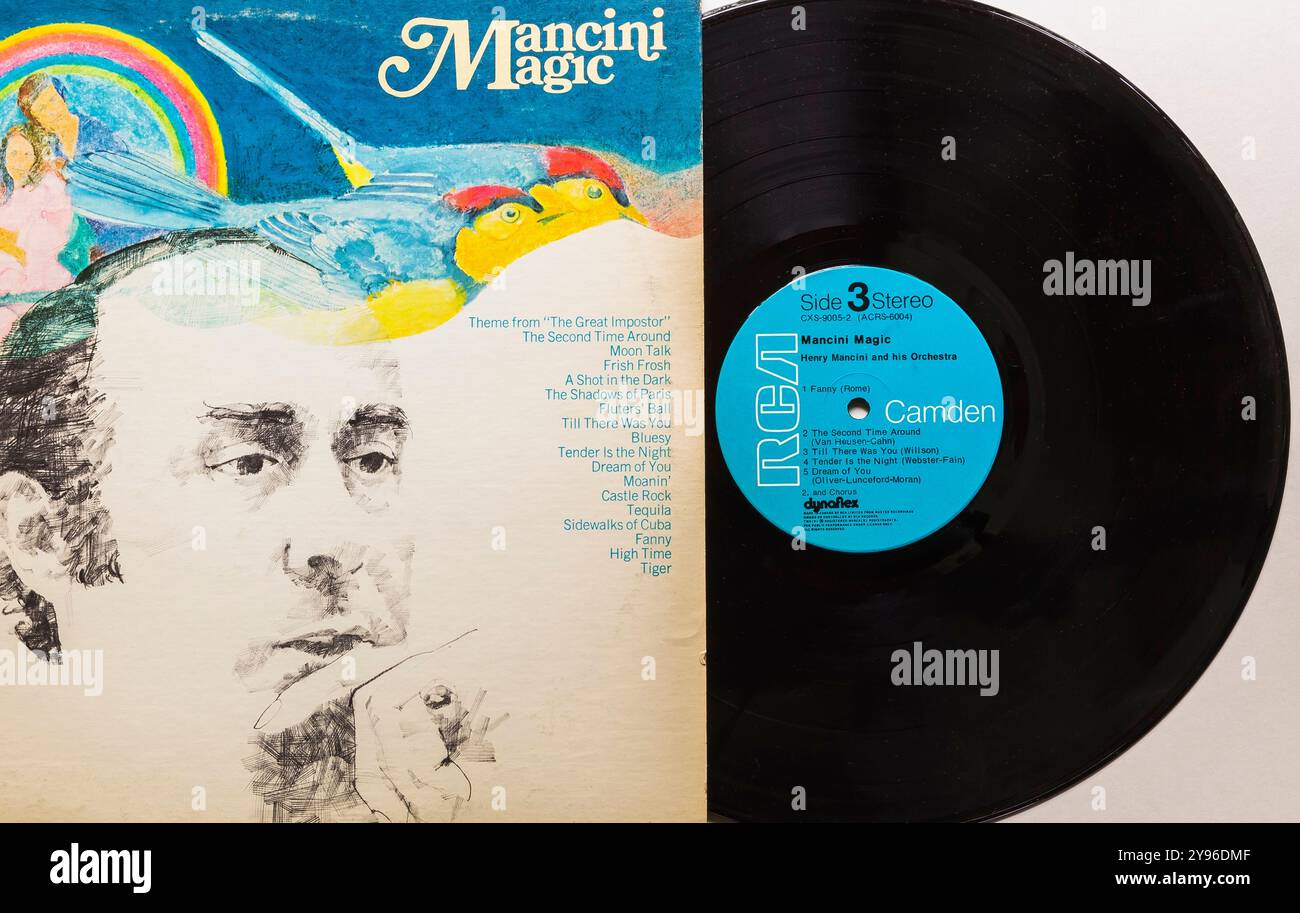 Mancini Magic 33 1/3 rpm couverture d'album longue durée et enregistrement vinyle de 2 disques. Banque D'Images