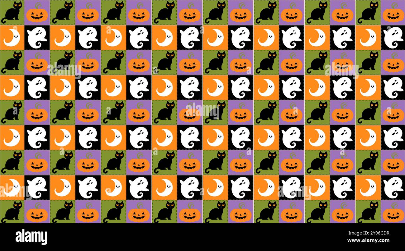 texture matelassée d'halloween, avec fantôme, lune, chat noir et citrouille Banque D'Images