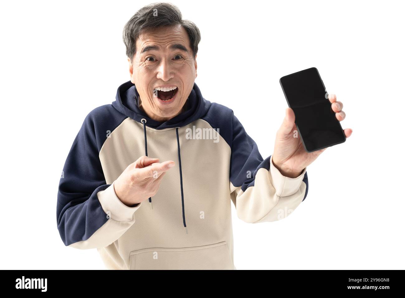 Homme senior excité avec téléphone intelligent Banque D'Images