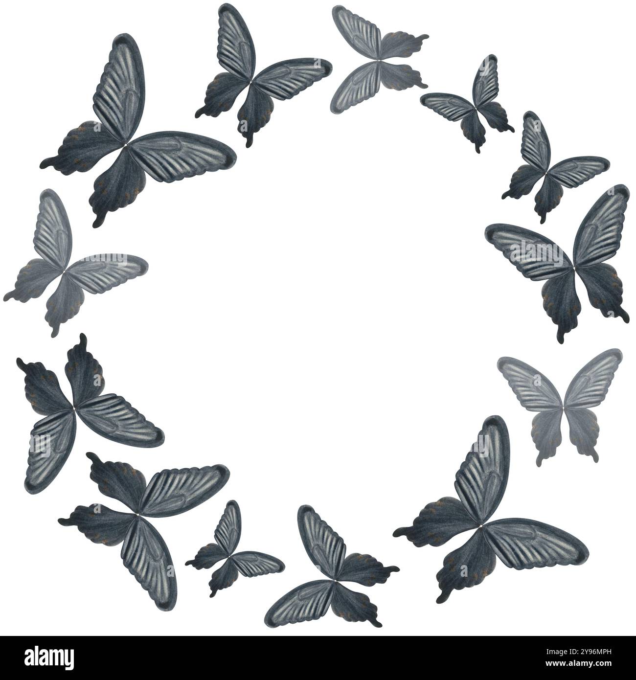 Papillon noir peint à la main cadre rond aquarelle isolé sur blanc. Illustration de haute qualité parfaite pour scrapbooking, affiches, cartes, oreillers Banque D'Images