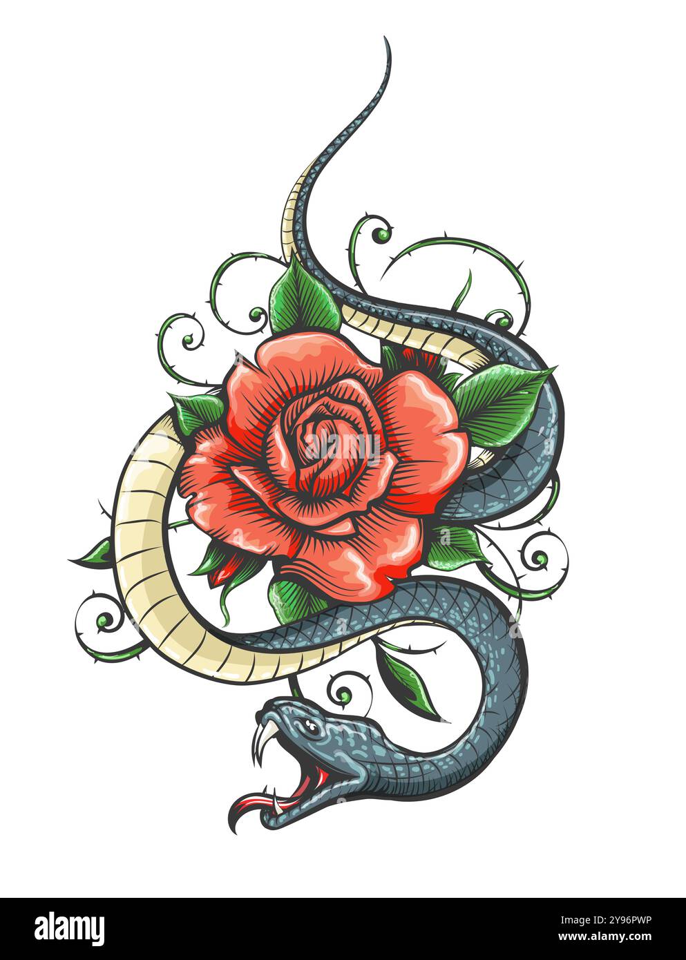 Tatouage coloré de fleur de serpent et de rose dans le style de gravure isolé sur l'illustration vectorielle de fond blanc. Illustration de Vecteur