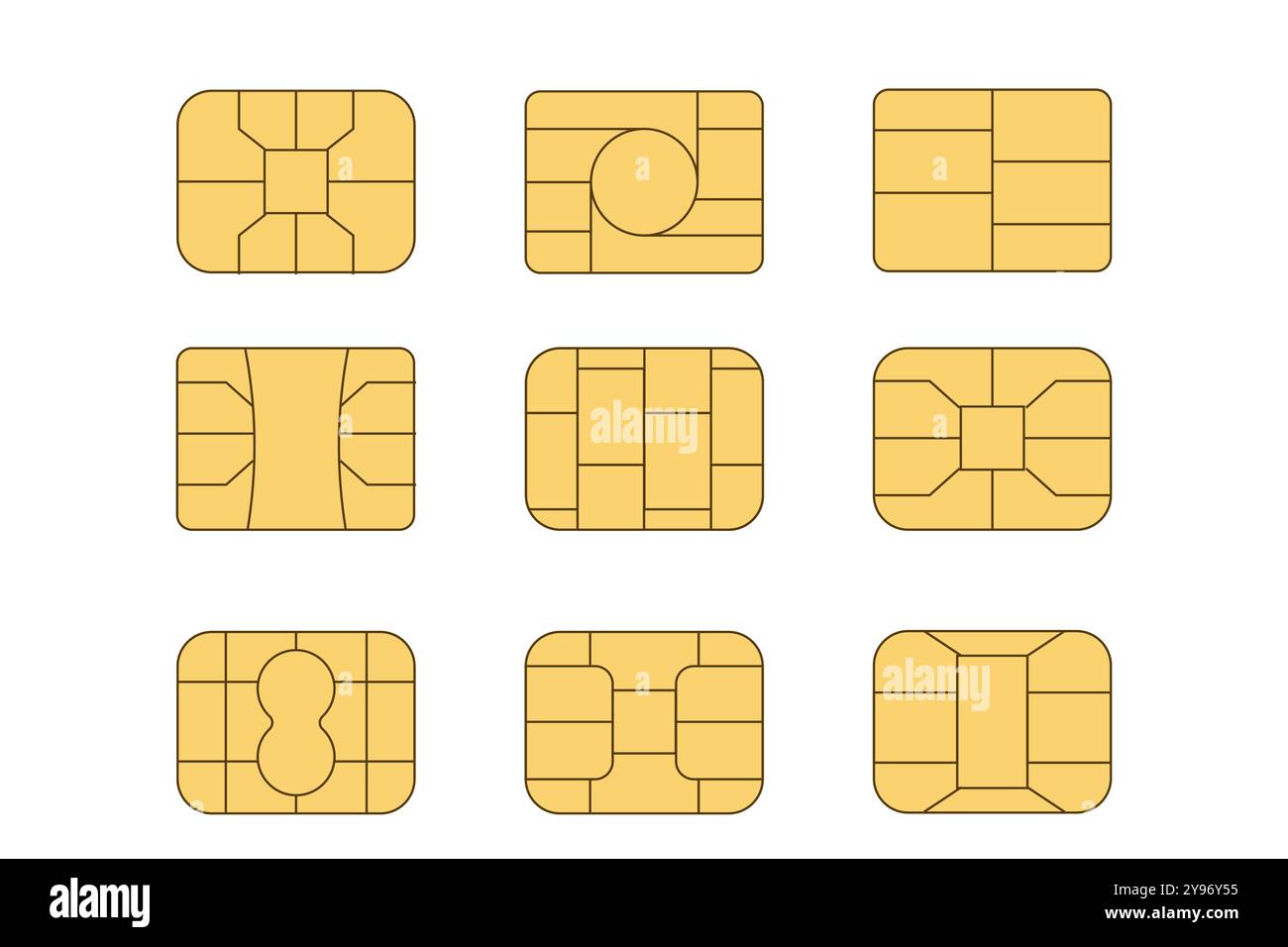 Jeu d'icônes de puce EMV. Microchip pour carte bancaire de crédit ou de débit en plastique ou carte sim. Technologie NFC numérique. Paiement sans contact aux terminaux et aux distributeurs automatiques de billets. Illustration vectorielle Illustration de Vecteur