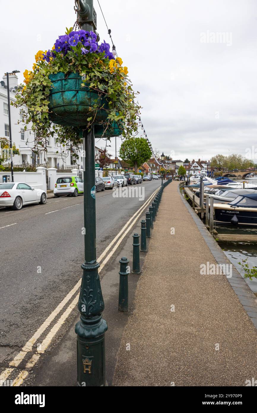 Thameside Street View avec voitures garées, fleurs suspendues et bateaux le long de la Tamise Banque D'Images