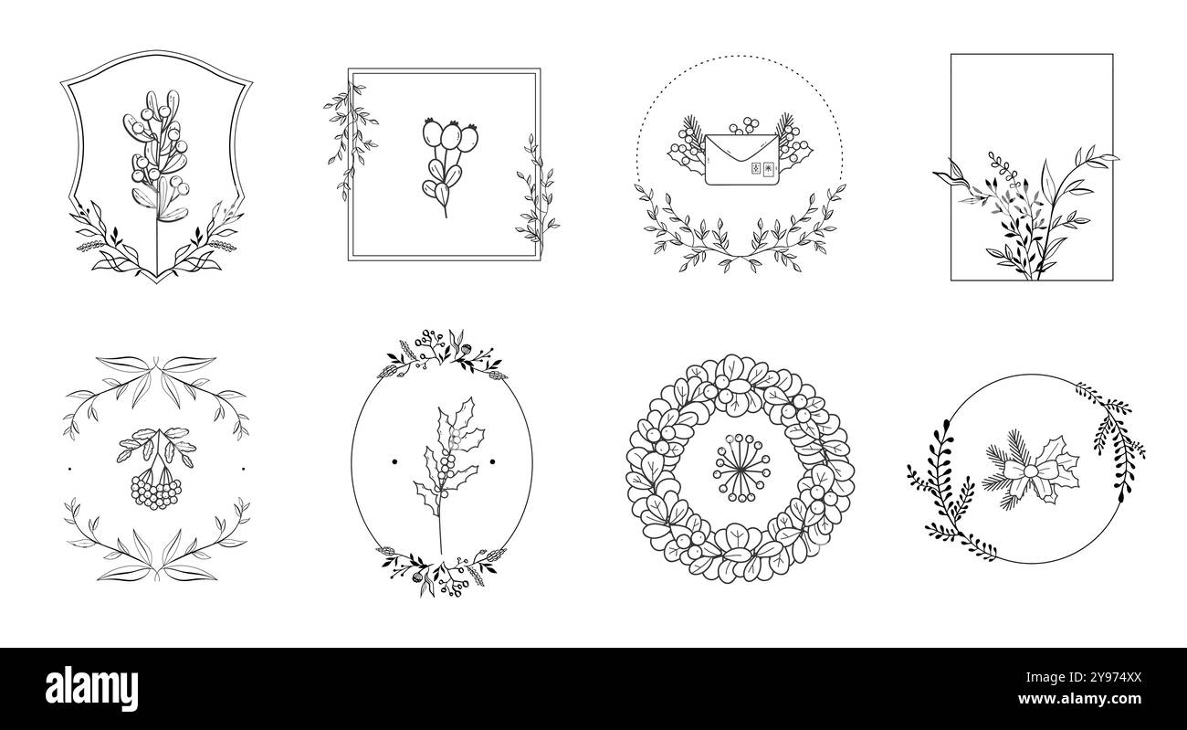Les cadres minimalistes mettent en valeur des fleurs en fleurs et des feuilles dessinées à la main, parfaites pour rehausser les invitations, les cartes et les projets artistiques Illustration de Vecteur