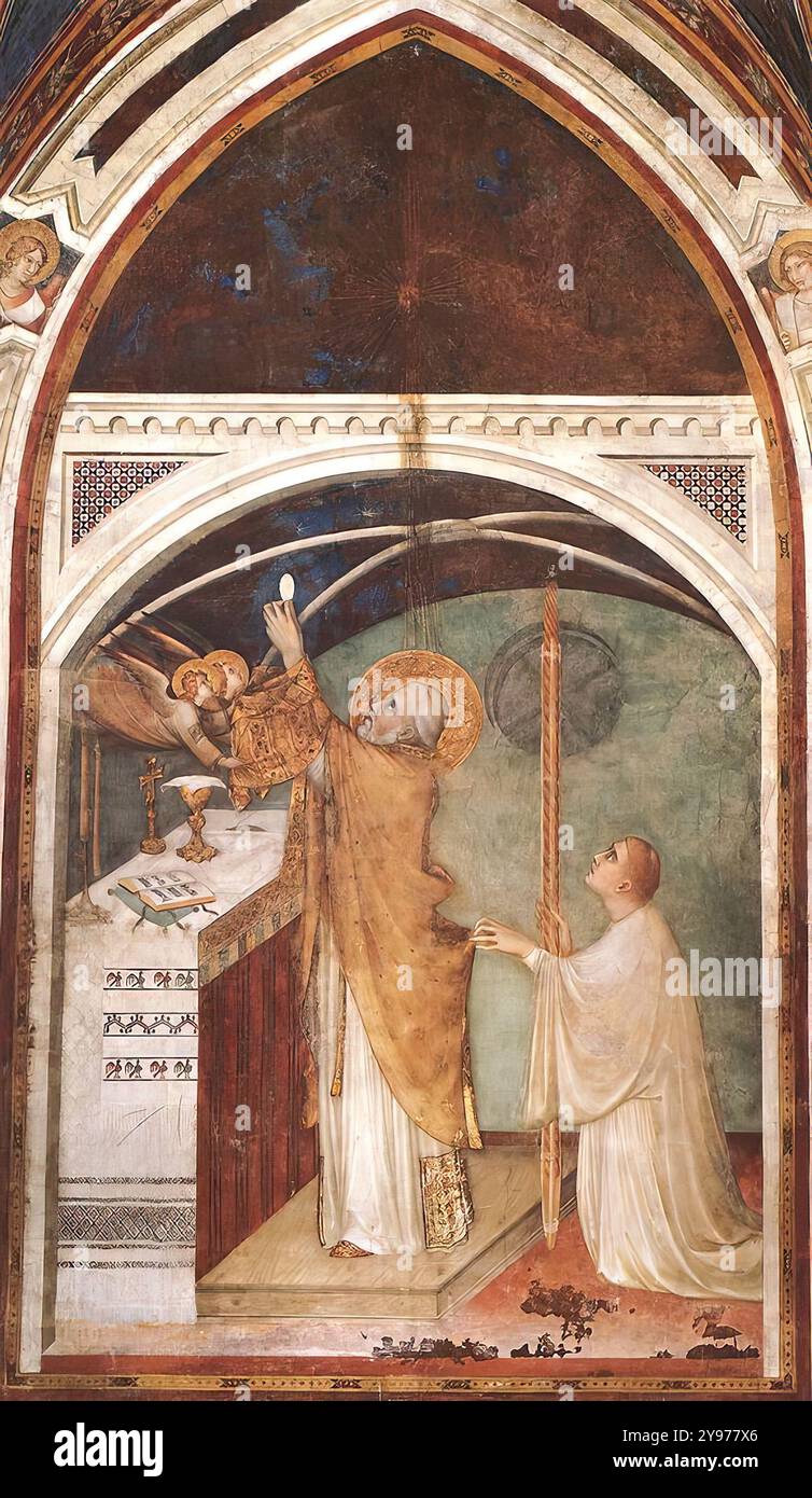 SIMONE MARTINI (1280/85, Sienne, d. 1344, Avignon) Messe miraculeuse 1312-17 fresque, 390 x 200 cm Cappella di San Martino, église inférieure, San Francesco, assise à partir de l'entrée de la chapelle, de gauche à droite et de haut en bas, les murs latéraux et le plafond voûté en canon sont fresques avec des scènes de la vie de Saint Martin : au niveau inférieur, la Division de la cape, le rêve, Saint Martin est fait chevalier et renonce à ses armes; au niveau intermédiaire, le Miracle de l'enfant ressuscité, la méditation, la Messe miraculeuse et le Miracle du feu ; au niveau supérieur, nous trouvons le Banque D'Images