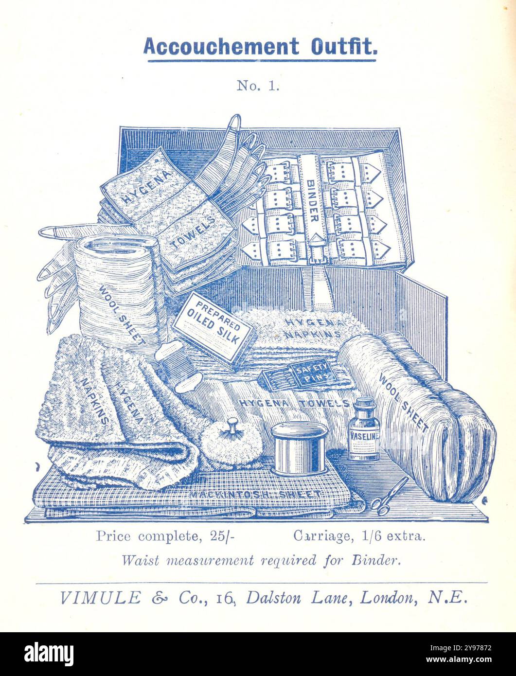 Accouchement Outfit, a page from A List of Surgical Appliances, Accouchement Requiites etc from Manufacturers Vimule & Co, 16 Dalston Lane, London, N.E. novembre 1902. Banque D'Images