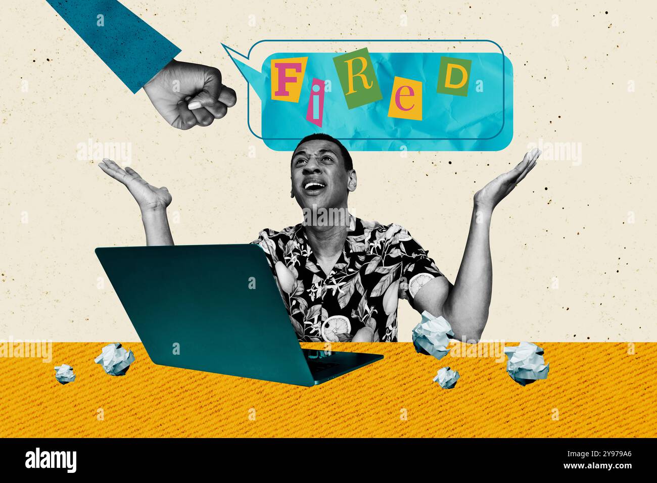 Image d'illustration de collage composite de l'ordinateur portable de poing de boss tiré Guy isolé sur fond créatif Banque D'Images