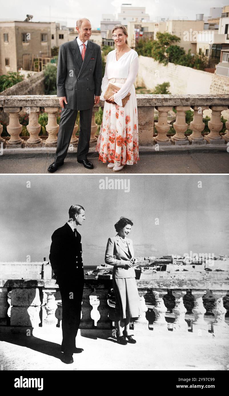 Un composite de photos datées d'aujourd'hui (en haut) du duc et de la duchesse d'Édimbourg lors d'une visite de la Villa Guardamangia, à Pieta, et une photo de dossier datée du 25/11/1949 de la défunte reine Elizabeth (alors princesse Elizabeth) accompagnée du duc d'Édimbourg, surplombant la Valette à Malte depuis le toit de la Villa Guardamangia, leur ancienne résidence quand ils étaient un jeune couple marié. Le couple y vit entre 1949 et 1951 alors que le prince était stationné à Malte en tant qu'officier de la Royal Navy, et ils retournèrent à la villa pour célébrer leur 60e anniversaire de mariage en 2007. Date de la photo : Banque D'Images