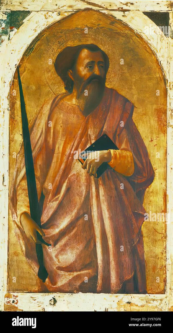 MASACCIO (né en 1401, San Giovanni Valdarno, mort en 1428, Rome) Saint Paul 1426 Tempera sur bois, 51 x 30 cm Museo Nazionale, Pise en 1426 Masaccio accepte de peindre un retable pour une chapelle dans l'église du Carmin à Pise. Le 26 décembre de cette année-là, les travaux doivent avoir été terminés puisque le paiement pour ceux-ci est enregistré ce jour-là. Le retable (maintenant appelé polyptyque de Pise) a été démantelé et dispersé au XVIIIe siècle. Les tentatives de reconstruction ont été basées sur une description détaillée donnée par Vasari en 1568. Les tentatives n'ont été que partiellement couronnées de succès, seulement onze pièces sont venues à Lig Banque D'Images